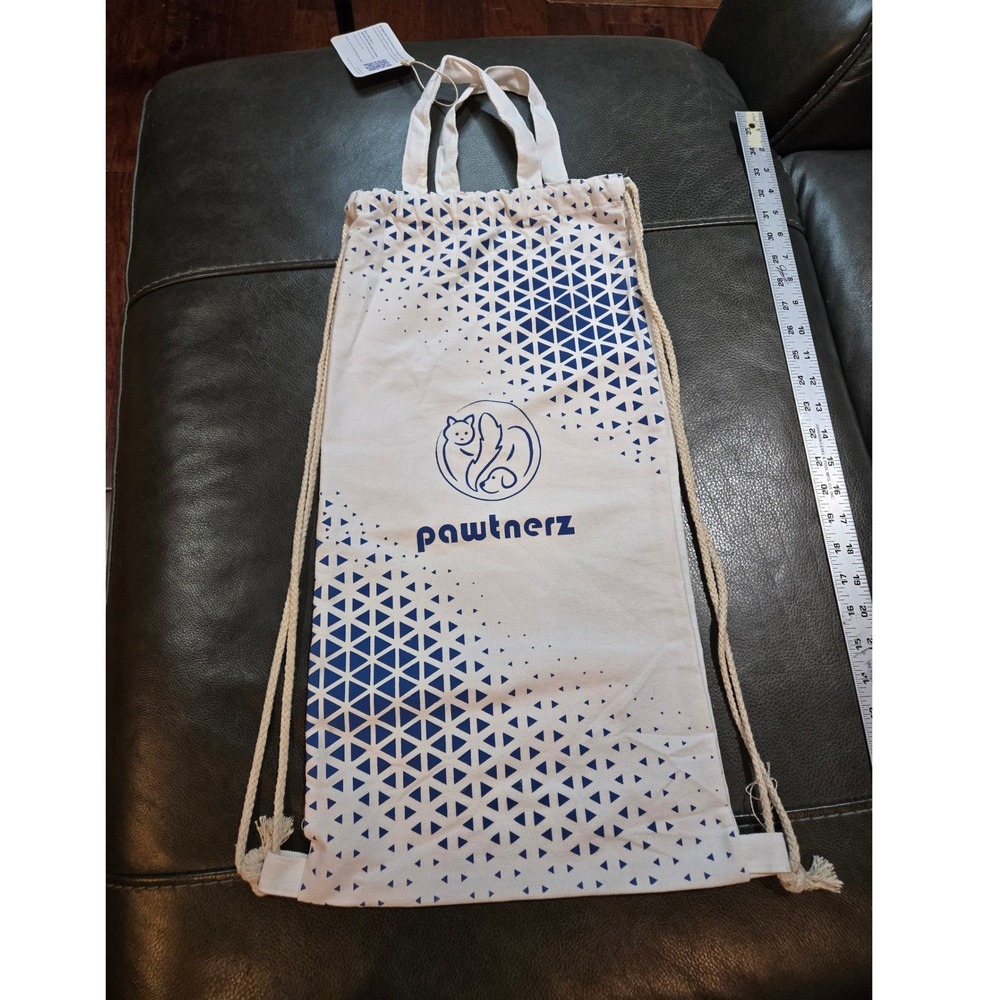 Pawtnerz Canvas Drawstring Tote Bag‎ White Blue NEW with tags